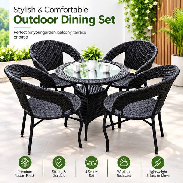 Wipbyter Outdoor Furniture Set Wicker Chairs & Glass Top Round Table for Balcony, Garden Metal Outdoor Chair