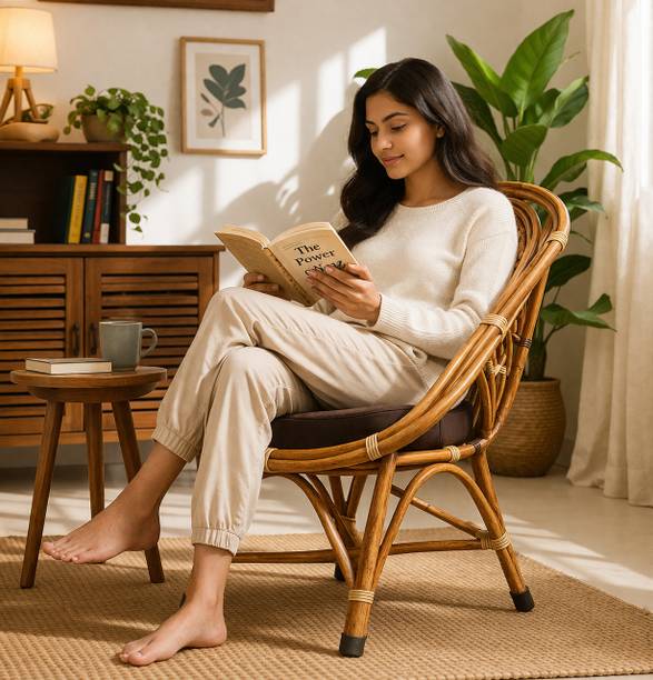 Naturify Premium Rattan Cane Chair with Cushioned Seat | Handmade Wicker Armchair Bamboo Cafeteria Chair