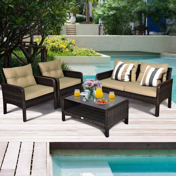 Jiomee Furniture 4 Seater Rattan Wicker Patio 3 Pieces Sofa Set with Coffee Table Metal Outdoor Chair