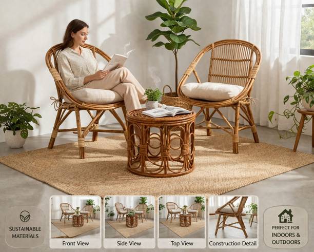 SR HANDICRAFT Rattan Furniture Set |2Wicker Accent Chairs with Cushions & Round Coffee Table Cane Outdoor Chair