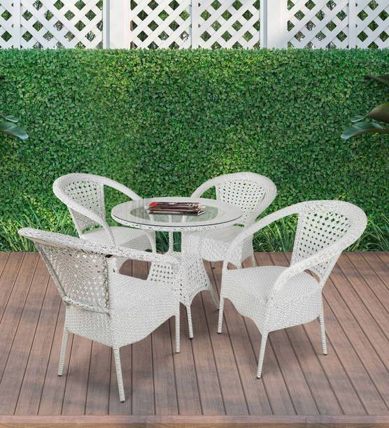 Outkraft Belmopan Wicker Table and Chair Set in White Colour Engineered Wood Outdoor Chair