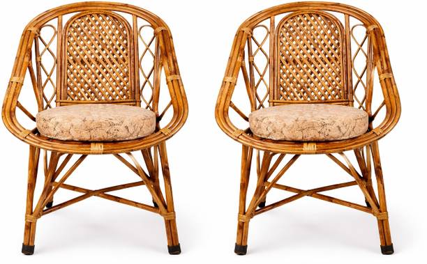 Naturify Premium Handcrafted Cane Chair Set of 2 with Cushion | Natural Rattan Armchair Bamboo Outdoor Chair
