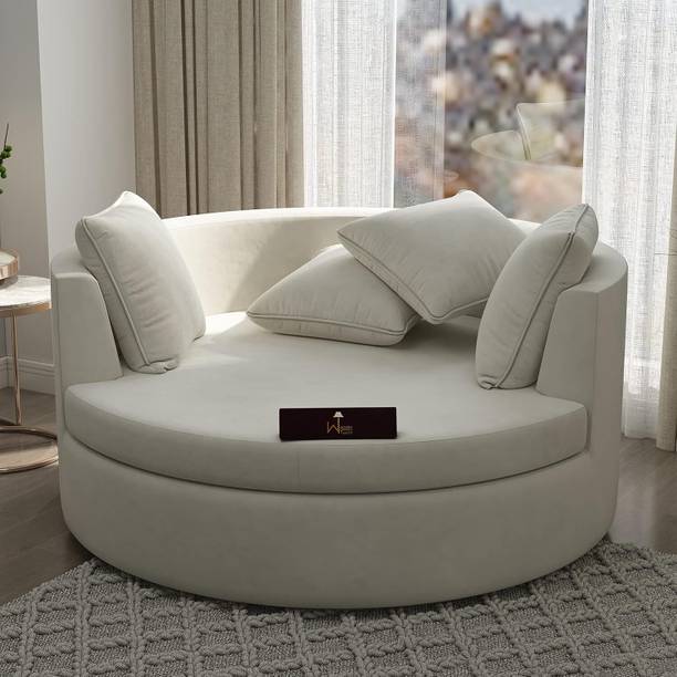 WoodenTwist Velvet Round Solid Wood Barrel Sofa Chair (Beige) Solid Wood Outdoor Chair