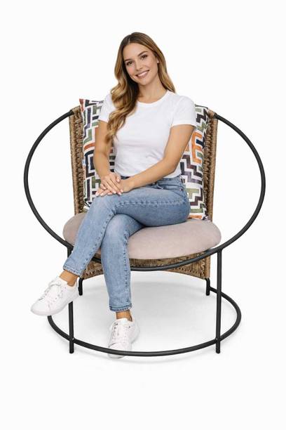 METALIQUE Modern Woven Rattan Accent Chair with Metal Frame & Cushion Metal Cafeteria Chair