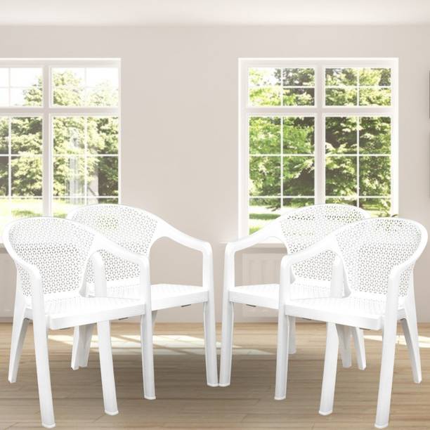 ITALICA Oxy Plastic Arm Chair Set of 4/Glossy + Matte Finish Chair for Outdoor Indoor Dining Room, Bedroom, Kitchen, Living Room/Strong & Study Structure Plastic Chair/5202 Set of 4 Chairs (43x56x78 Cm, White) Plastic Outdoor Chair