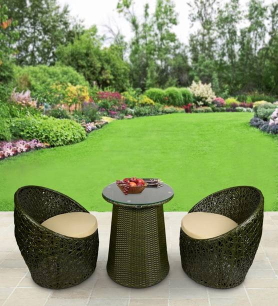 Outkraft Bern Wicker Table and Chair Set in Green Colour Engineered Wood Outdoor Chair
