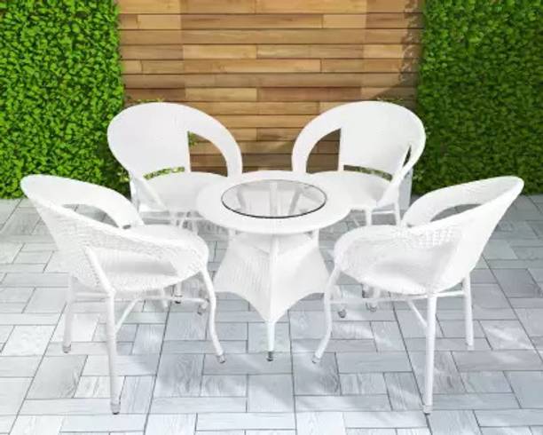 Jiomee Furniture Rattan Wicker 4-Seater Coffee Chair & Table Set with Glass Top Metal Outdoor Chair