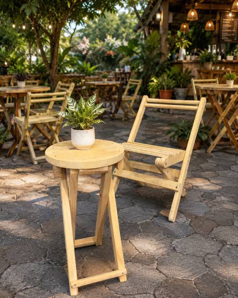 Talha Art Craft Set of wooden Foldable chair & Tea table Solid Wood Cafeteria Chair
