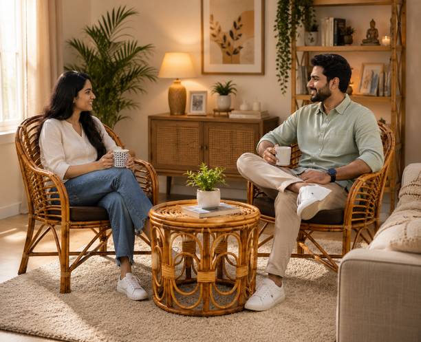 Naturify Premium Natural Cane Chair & Table Set | Handcrafted Rattan Furniture Bamboo Outdoor Chair