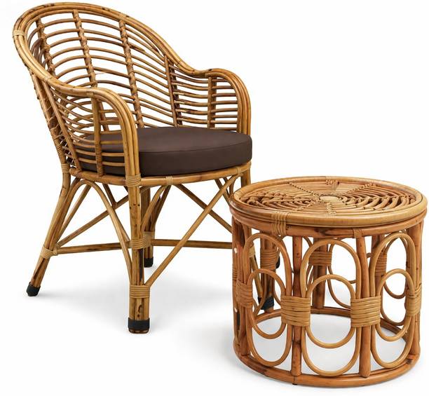Naturify Rattan Cane Chair with Round Coffee Table | Handmade Wicker Furniture Set Bamboo Outdoor Chair