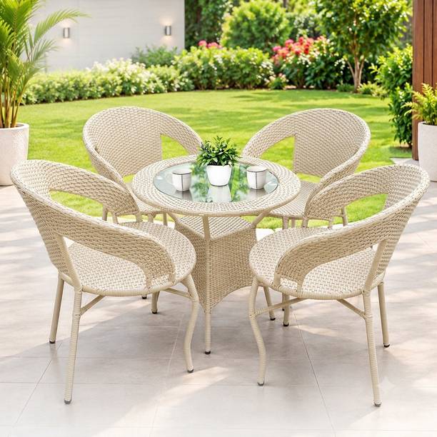 Wipbyter Outdoor Furniture Set Wicker Chairs & Glass Top Round Table for Balcony, Garden Metal Outdoor Chair