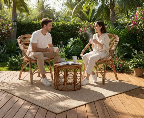 Naturify Rattan Cane Prince Chair Set with Center Table | 2 Chairs + RoundTable Bamboo Outdoor Chair