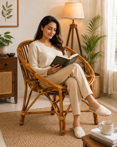 Naturify Handcrafted Round Rattan Chair | Premium Cane Accent Chair for Living Room Cane Outdoor Chair