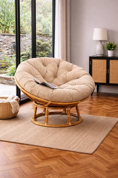 QUEES Cane Papasan Chair with Thick Cushion|Round Single Lounge Chair for Living Room Cane Outdoor Chair