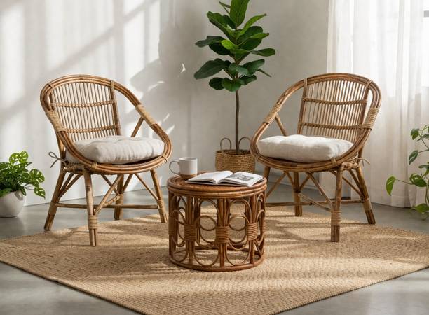 Naturify Rattan Cane Chair Set with Center Table | 2 Chairs + Round Coffee Table Bamboo Outdoor Chair