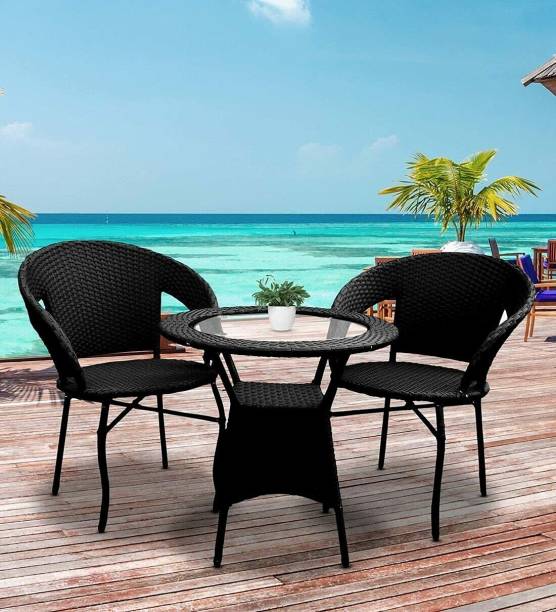 Jiomee Furniture Outdoor-Indoor Rattan Black Wicker 2 Seater Chair & Table Set Cane Outdoor Chair