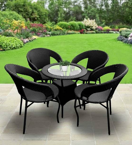 Jiomee Furniture Rattan Wicker 4-Seater Patio Coffee Chair & Table Set with Glass Top Metal Outdoor Chair