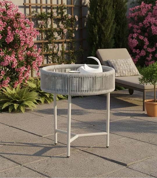 Aoctane Hand-Woven Rope Tripod Side Table for Balcony and Living Room Metal Cafeteria Table