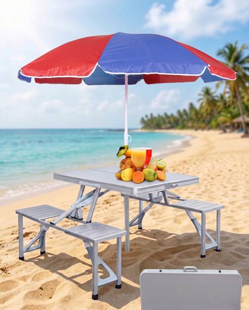 TUHAN TRADE Outdoor 4-Person Folding Picnic Table with Umbrella & Carry Handle Solid Wood Outdoor Table
