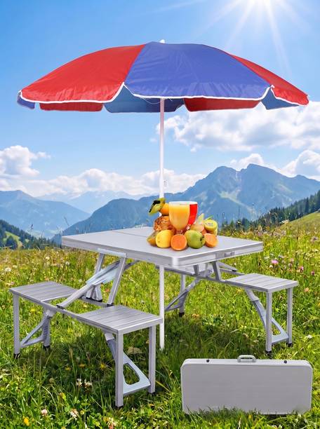 TUHAN TRADE Heavy Duty Aluminum Folding Picnic Table with Umbrella for Outdoors Solid Wood Outdoor Table