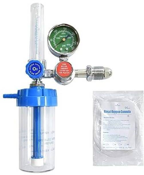 Alexera OXYGEN FLOW METER WITH REGULATOR AND HUMIDIFIER BOTTLE WITH OXYGEN CANNULA Wall Mount Oxygen Cylinder Holder