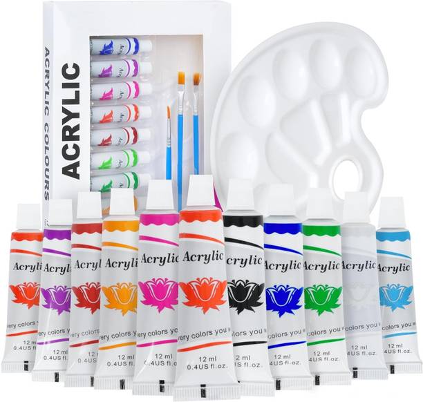 THREADFLUANT Acrylic Paint Set 12 Colours , Perfect for Canvas, Wood, Fabric, Leather