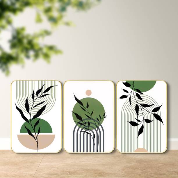 साफ Abstract Botanical Wall Art Set of 3 Golden Frame MDF Modern Home Decor डिजिटल रीप्रिंट 18 inch x 12 inch पेंटिंग
