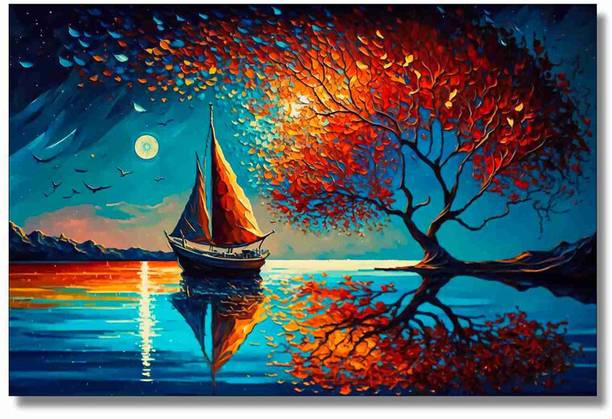 saf Boat & Sunset Tree Wall Painting | Colorful Nature Art Sparkle lamination