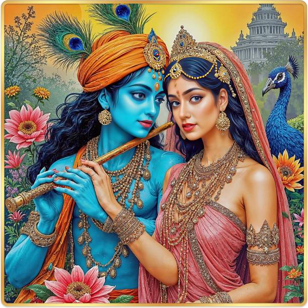 Indianara Beautiful Radha Krishna Painting for Living | Bedroom | Hall | Hotel Digital Reprint 16 inch x 16 inch Painting