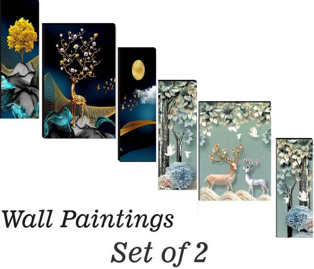 SNDArt Set Of 2 Modern Art Deer Wall Painting For Living Room 3D Digital Reprint 12 inch x 18 inch Painting