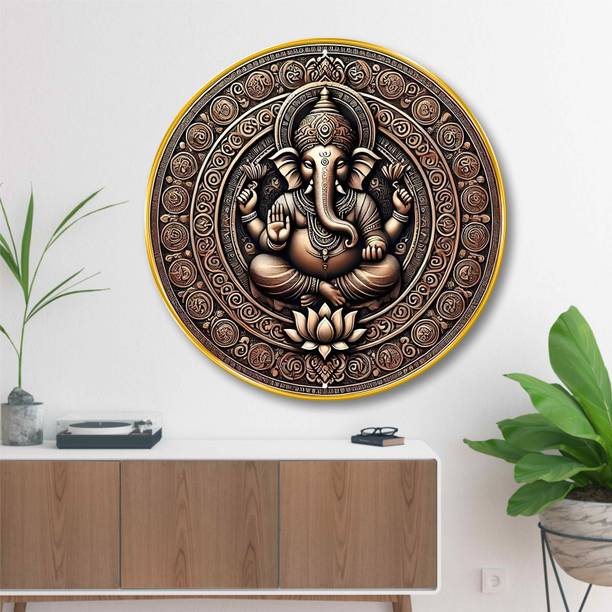 saf Lord Ganesha Round Wall Art with 3D Embossed Design for Home & Office Decor Digital Reprint 16 inch x 16 inch Painting
