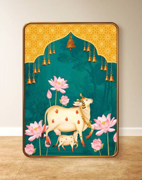 saf Cow Pichwai Sparkle Lamination Finished Surface Golden Slim Frame Digital Reprint 19.5 inch x 13.5 inch Painting