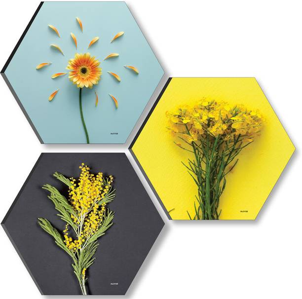 saf 17 inch Rajasthani Culture Set OF 3 Hexagon UV Textured Self adhesive Wall Painting Self Adhesive Sticker