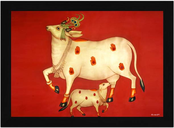 FRIZZY ARTS Divine Cow & Calf – Traditional Indian Pichwai A4 Digital Reprint 13 inch x 10 inch Painting