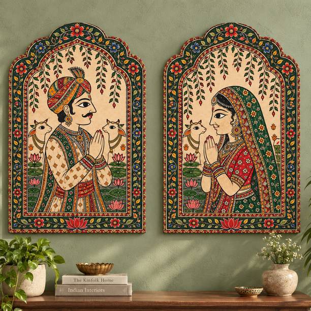 saf SAF Rajasthani Royal Couple & Cow Folk Art MDF Wall Painting – Set of 2 Digital Reprint 12 inch x 9 inch Painting