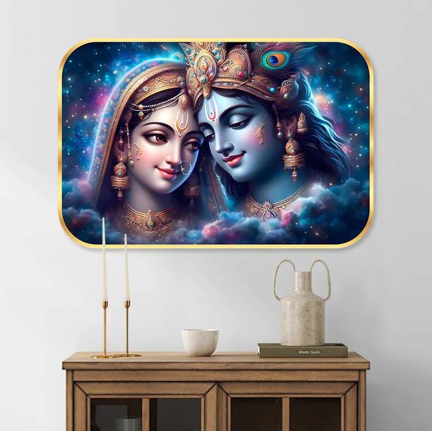 saf Radha Krishna Crystal Embedded High Gloss Surface with Golden Frame Digital Reprint 18 inch x 12 inch Painting
