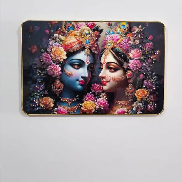 Masstone Radha Krishna Crystal Embedded High Gloss Surface with Golden Slim Frame Embossed 12 inch x 18 inch Painting
