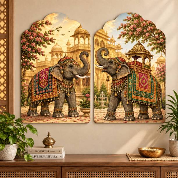 saf SAF Royal Rajasthani Elephant Palace MDF Wall Painting – Set of 2 Digital Reprint 12 inch x 9 inch Painting