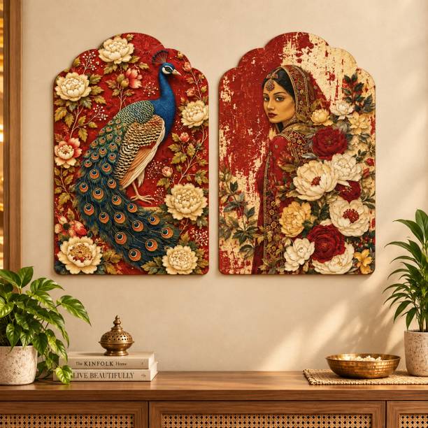 saf SAF Rajasthani Woman & Peacock Red Floral MDF Wall Painting – Set of 2 Digital Reprint 12 inch x 9 inch Painting