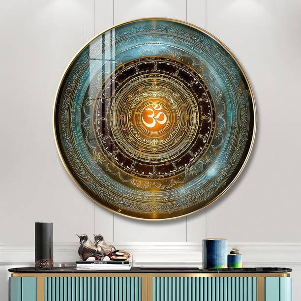 The Next Decor Divine Om Symbol Wood Glass Finish Round Wall Art Painting For Home & Office Ink 18 inch x 18 inch Painting