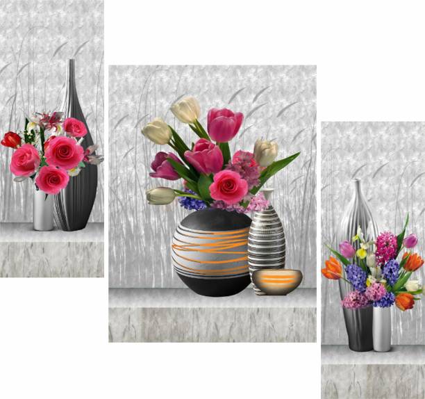 WALLMAX Set of 3 Flower Painting UV Textured Digital Reprint 12 inch x 18 inch Painting