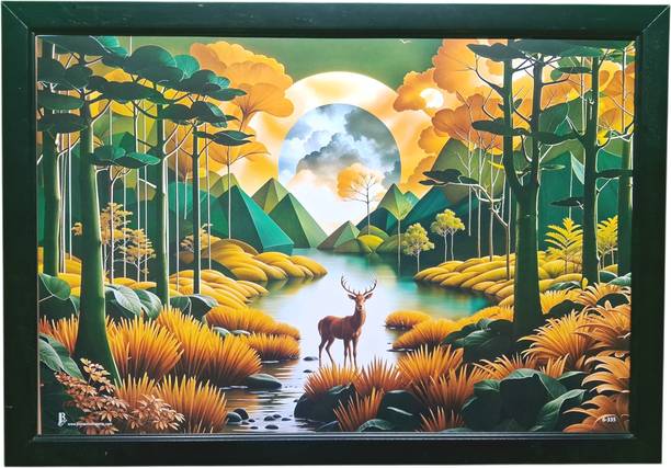 Shivakko Premium Nature Wall Art | Deer Forest Moonlight Landscape | Framed Wall Decor Digital Reprint 35.5 inch x 49.5 inch Painting