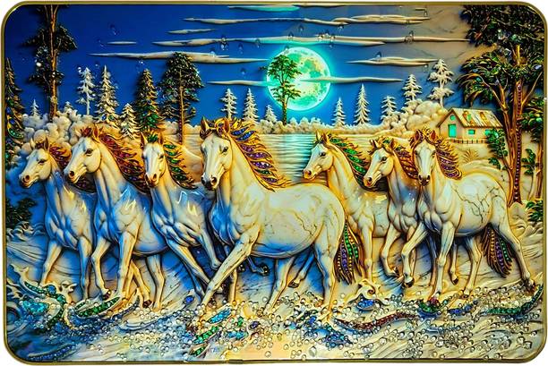 LujoLove 7 Running Horses with Sun Vastu 3D Photo Frame Crystal Embossed Resin Painting 12 inch x 18.5 inch Painting