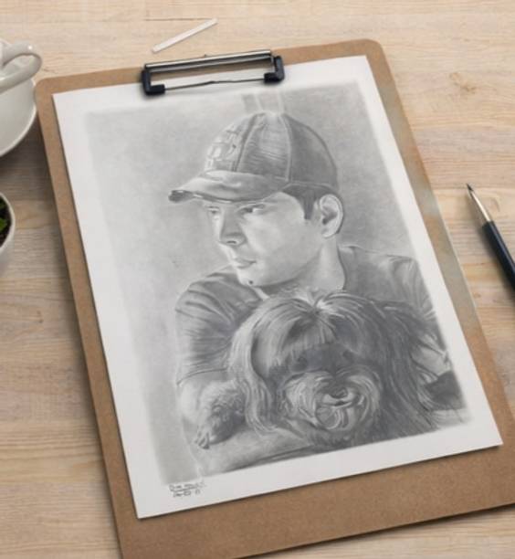 Fyndra Hand made painting of man with dog Pencil 16 inch x 11 inch Painting