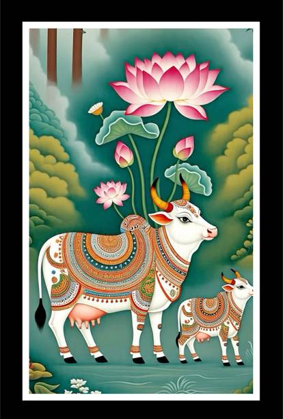 AARTKALA Pichwai Art Kamdhenu Cow & Calf Wall Panting Frame Canvas 12 inch x 18 inch Painting