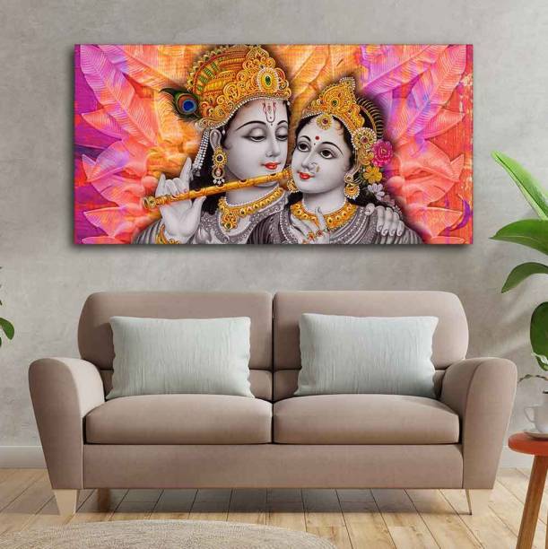 VIBECRAFTS Divine Radha Krishna Wall Painting Fitted With Wooden Frame ( PTVCH_2242 ) Canvas 24 inch x 48 inch Painting