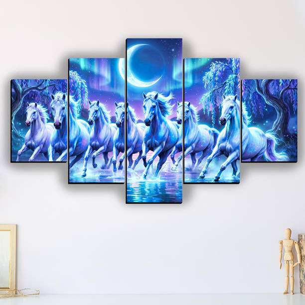 XIDLZ 5 Panel Vastu Horses Home decor scenery painting canvas for wall Digital Reprint 18 inch x 30 inch Painting