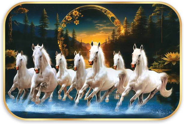 Indianara Vastu Lucky Seven Running Horses for Living | Bedroom | Pooja Room | Hotel Digital Reprint 12 inch x 18 inch Painting