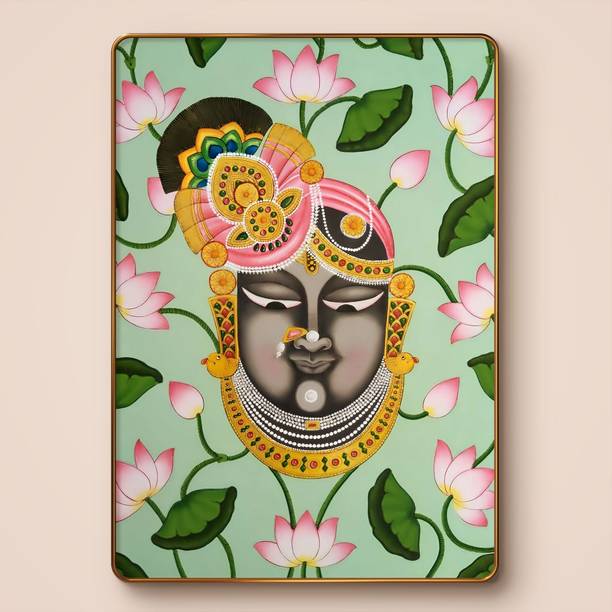 saf Shrinath ji Pichwai Sparkle Lamination Finished Surface Golden Slim Frame Digital Reprint 19.5 inch x 13.5 inch Painting