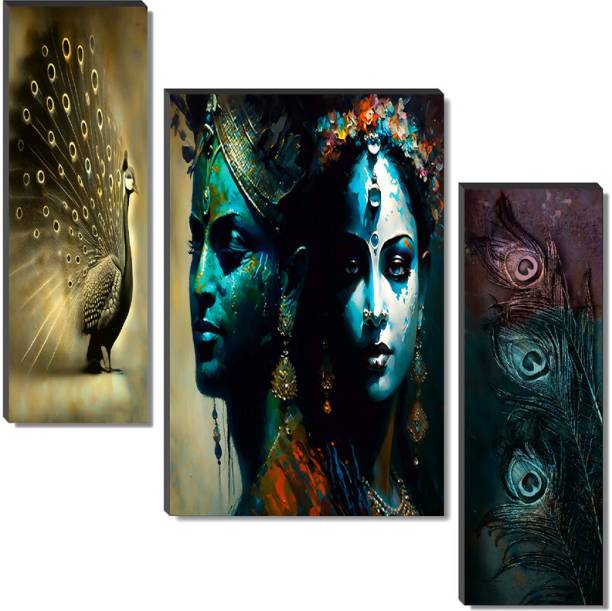 saf Set of 3 Radha Krishna Religious UV Textured Painting Digital Reprint 18 inch x 12 inch Painting